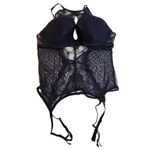 Adore Me Black Lace Swiss Dot Mesh Bustier Underwire Garter Lingerie Top XL Sexy